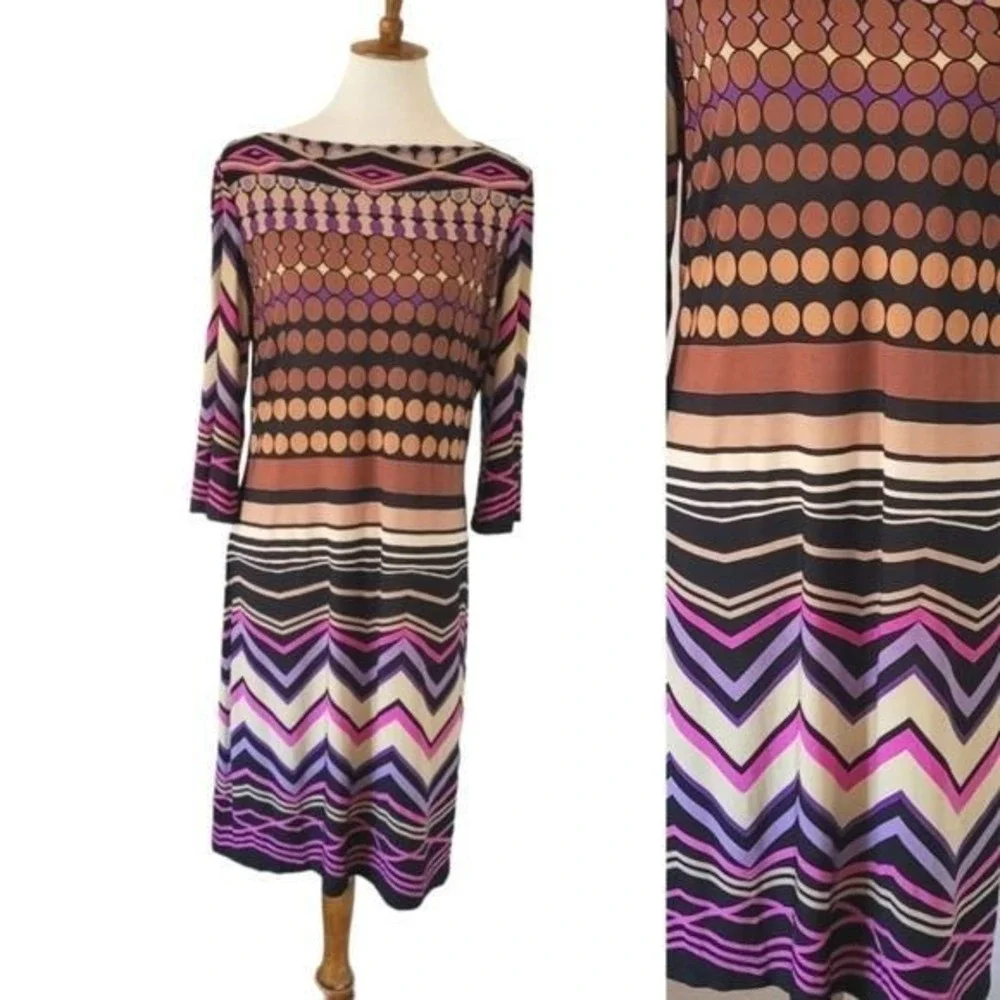 Donna Morgan 90s‎ Geometric Polka Dot Boat Neck Sheath Dress Purple Tan Black